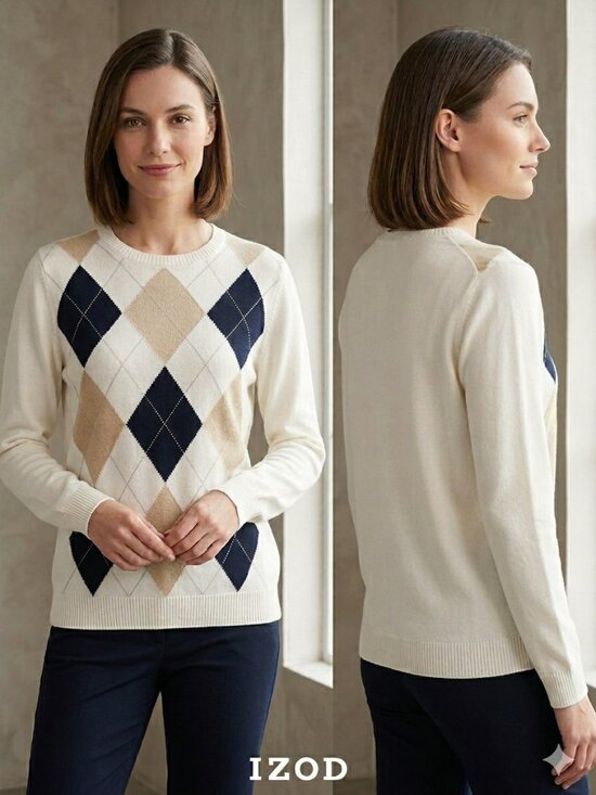 Izod Sweaters - NEW IZOD 100% Cotton Argyle Crew Neck Women’s Sweater Navy/Tan - Size Medium
